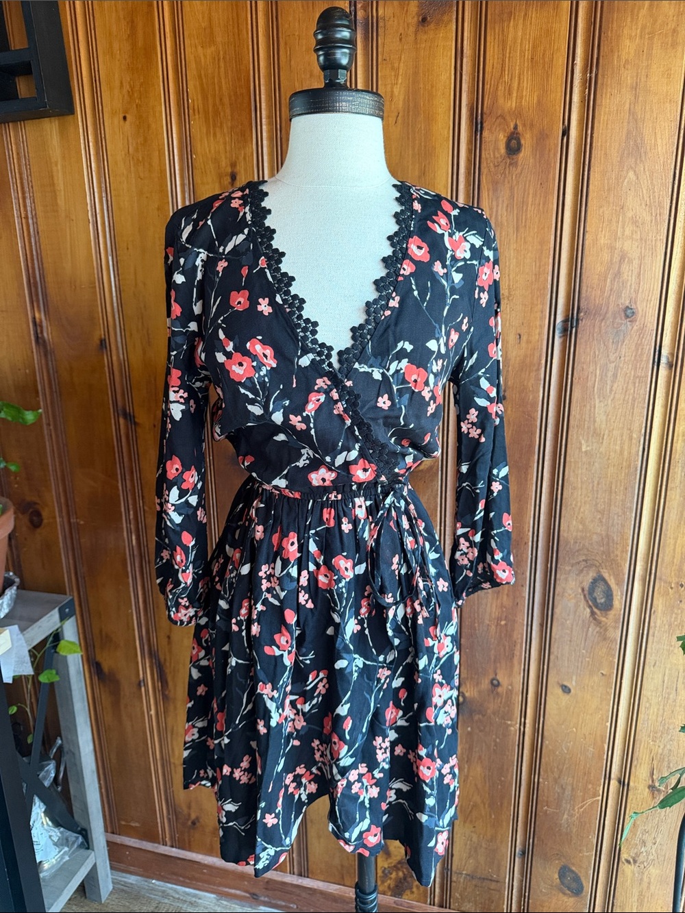 Band of Gypsies Black Mini Dress with Red Floral Print